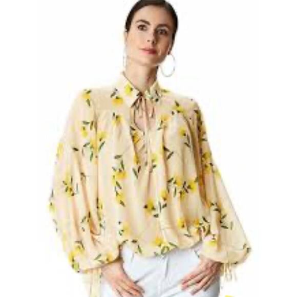 Wayward Fancies Butter Yellow Ribbon Tie Print Georgette Blouse Whimsical Sz L - Picture 1 of 12